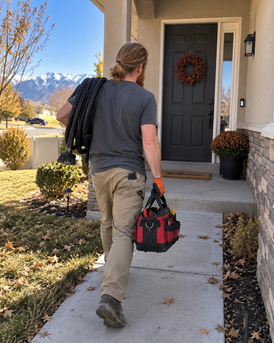 Jesse walking up to a customer’s front door with his tool bag and vent cleaning hose
