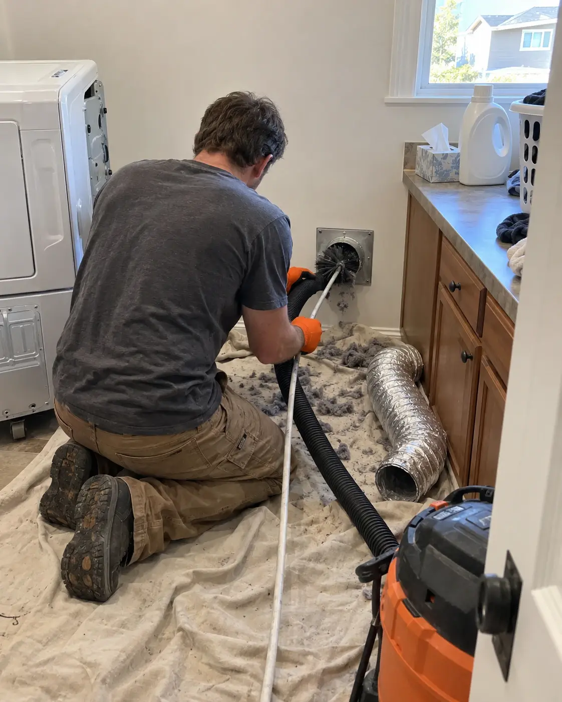 A technician brushing out a dryer vent duct while a shop vacuum pulls the lint away