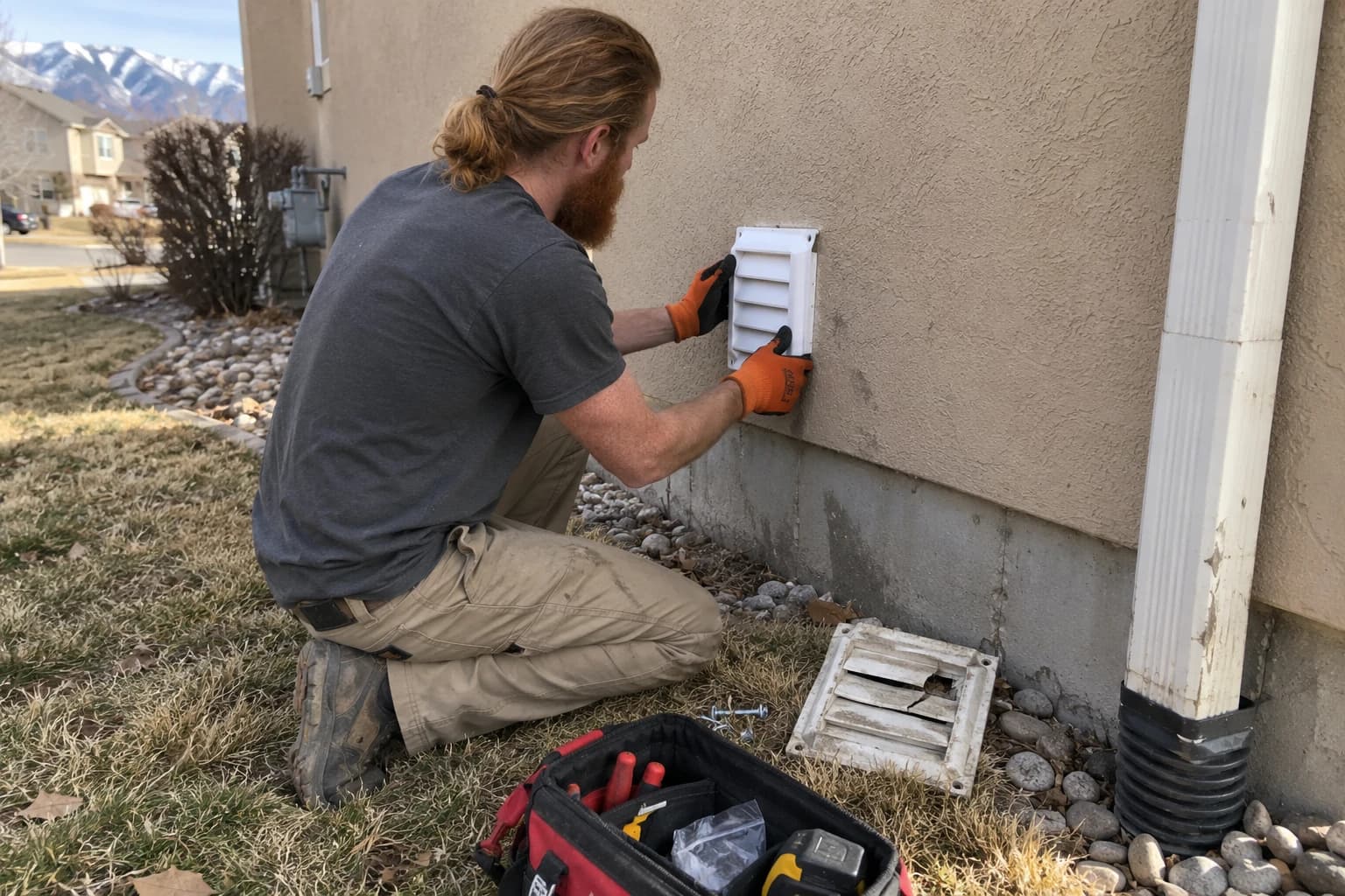 A technician fitting a new vent cover on the outside wall of a home, the cracked old cover on the grass beside him